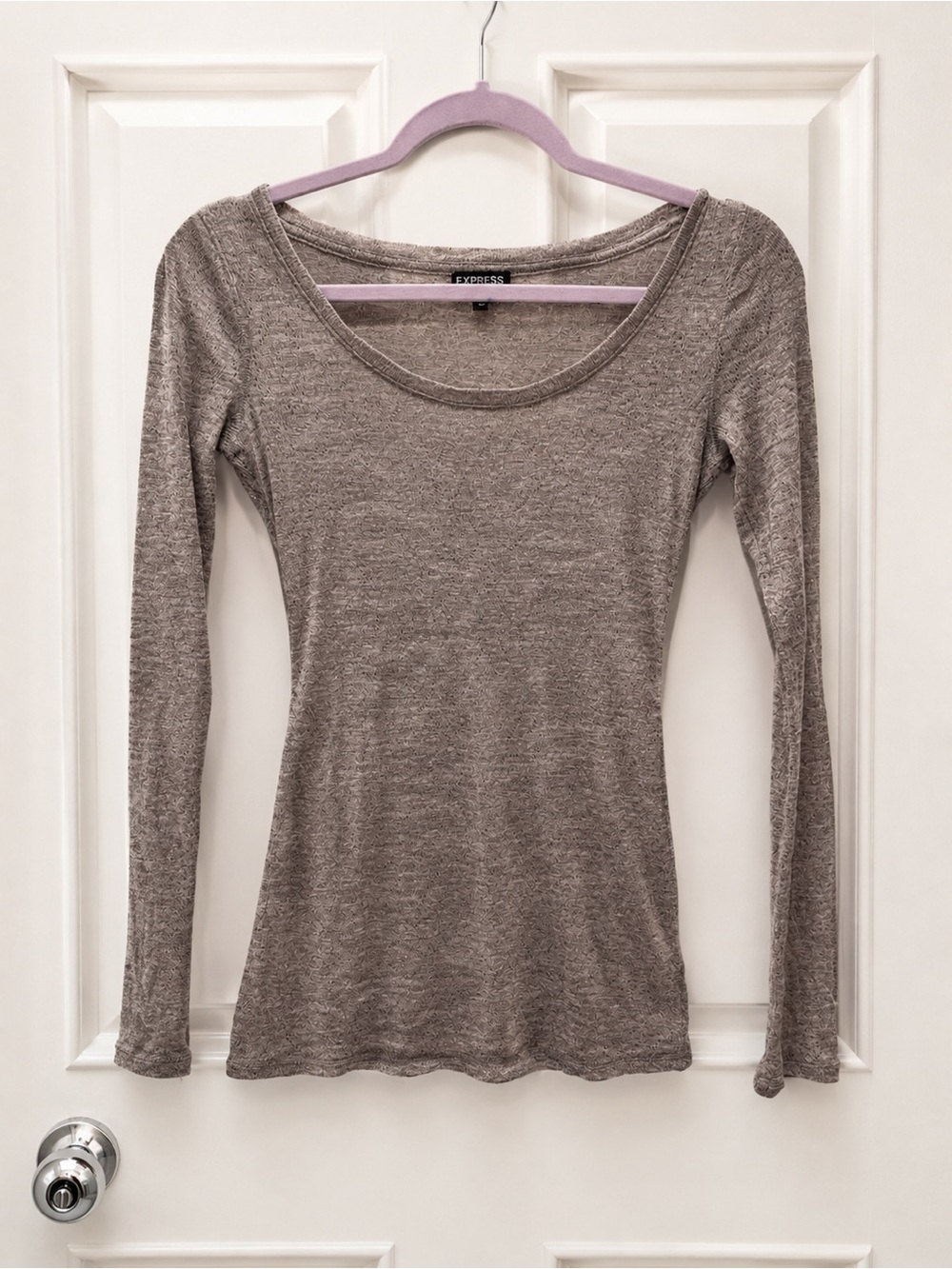Express Long Sleeve Glitter Scoop Neck Top in Taupe Beige